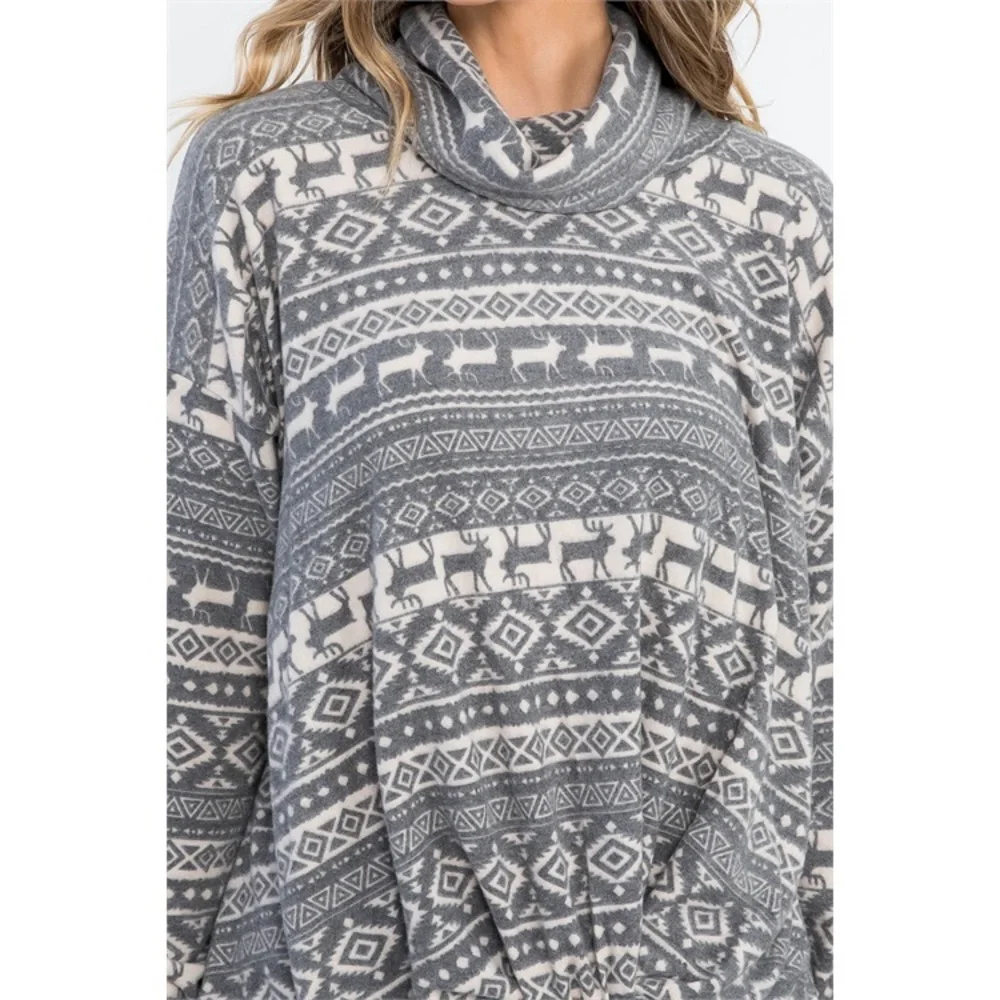 Reindeer Print Long Sleeve Tunic Cowl Neck Front knot top - Picture 8 of 11